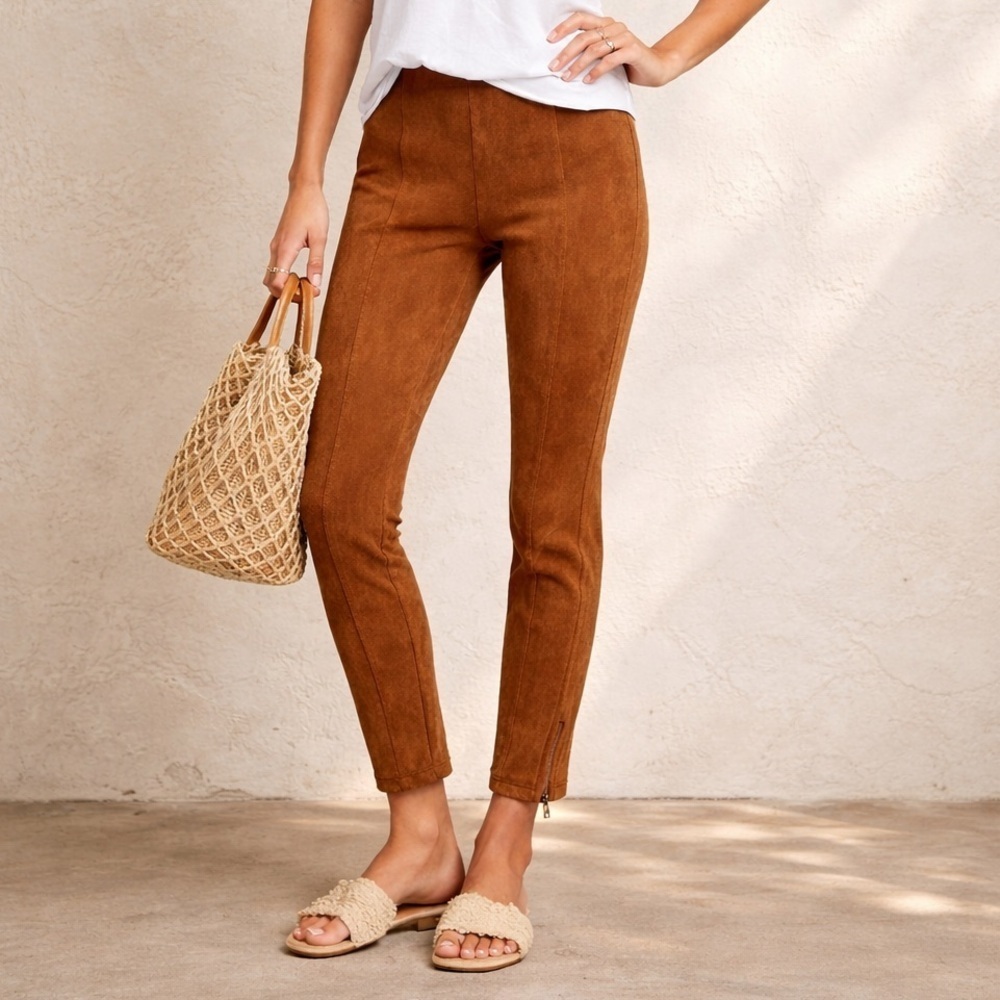 Anthropologie Brown Faux Suede Leggings Ankle Zip Pull On Pants Size 29